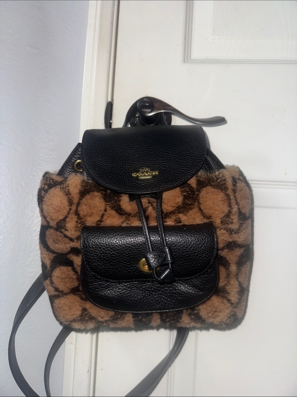 Coach Brown Shearling Signature C Backpack with Black Leather Trim